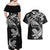 New Zealand Tuatara Tribal Tattoo Couples Matching Off Shoulder Maxi Dress and Hawaiian Shirt Silver Fern and Maori Pattern Black Color