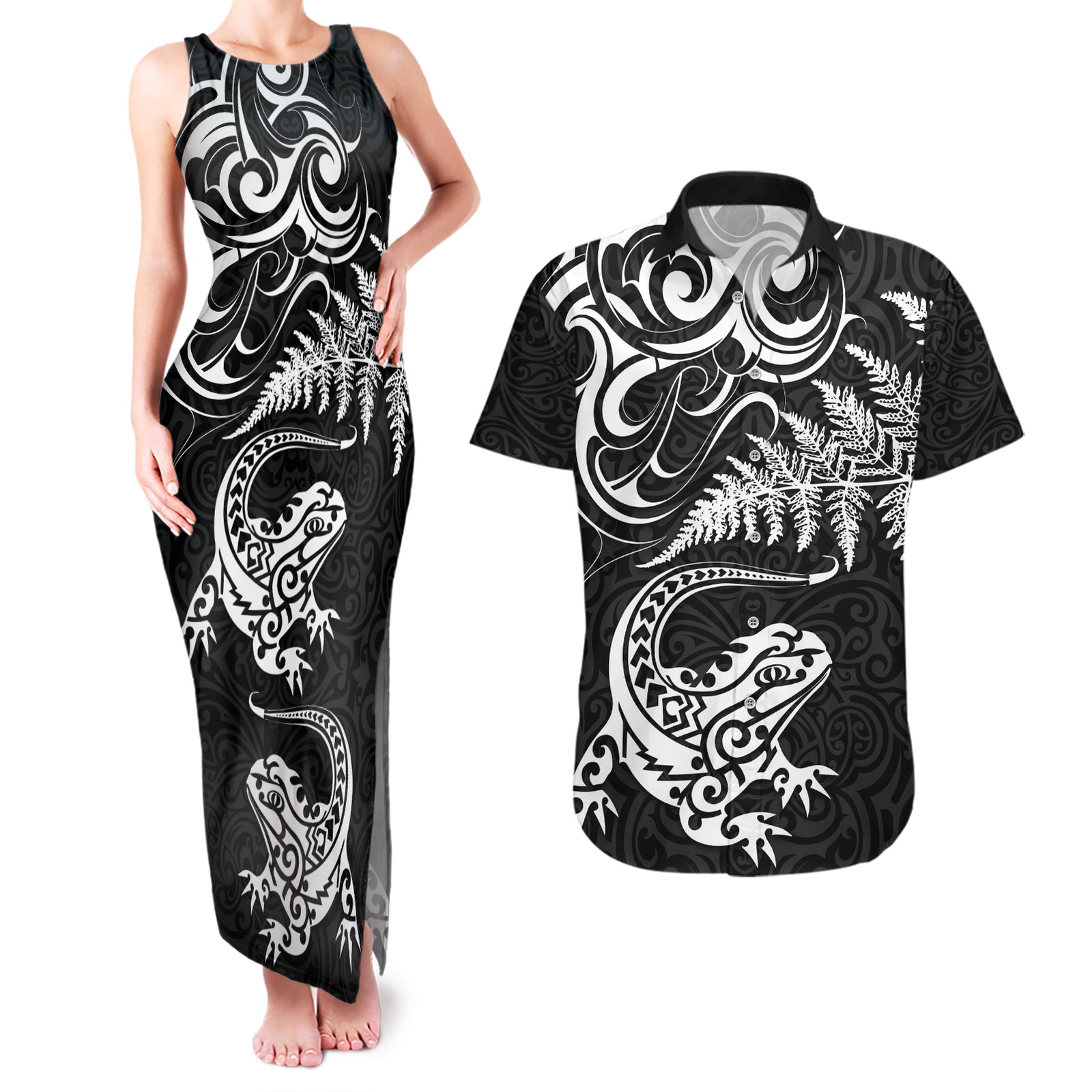 New Zealand Tuatara Tribal Tattoo Couples Matching Tank Maxi Dress and Hawaiian Shirt Silver Fern and Maori Pattern Black Color LT03 Black - Polynesian Pride