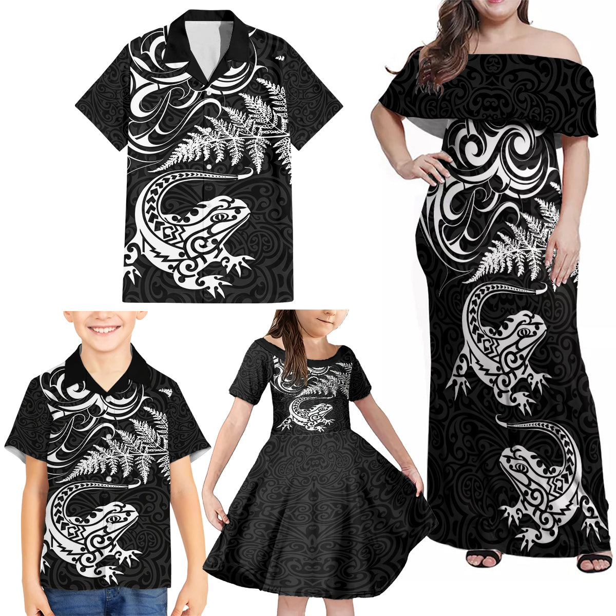 New Zealand Tuatara Tribal Tattoo Family Matching Off Shoulder Maxi Dress and Hawaiian Shirt Silver Fern and Maori Pattern Black Color LT03 - Polynesian Pride