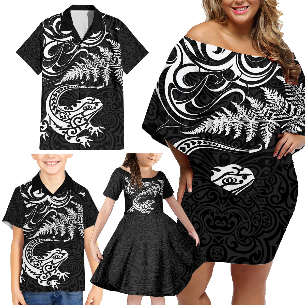 New Zealand Tuatara Tribal Tattoo Family Matching Off Shoulder Short Dress and Hawaiian Shirt Silver Fern and Maori Pattern Black Color