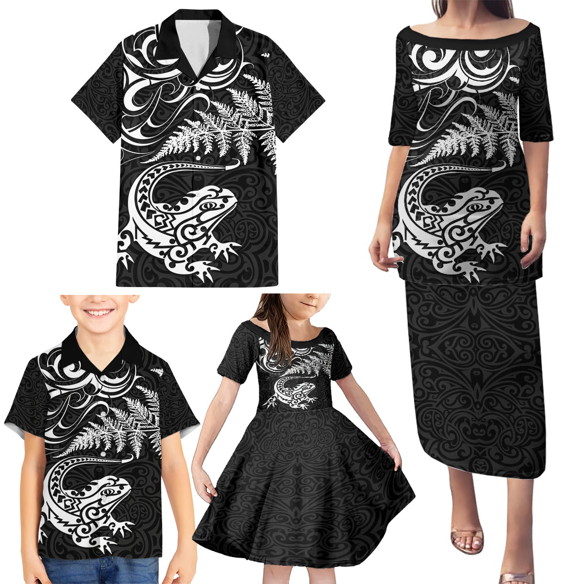 New Zealand Tuatara Tribal Tattoo Family Matching Puletasi and Hawaiian Shirt Silver Fern and Maori Pattern Black Color