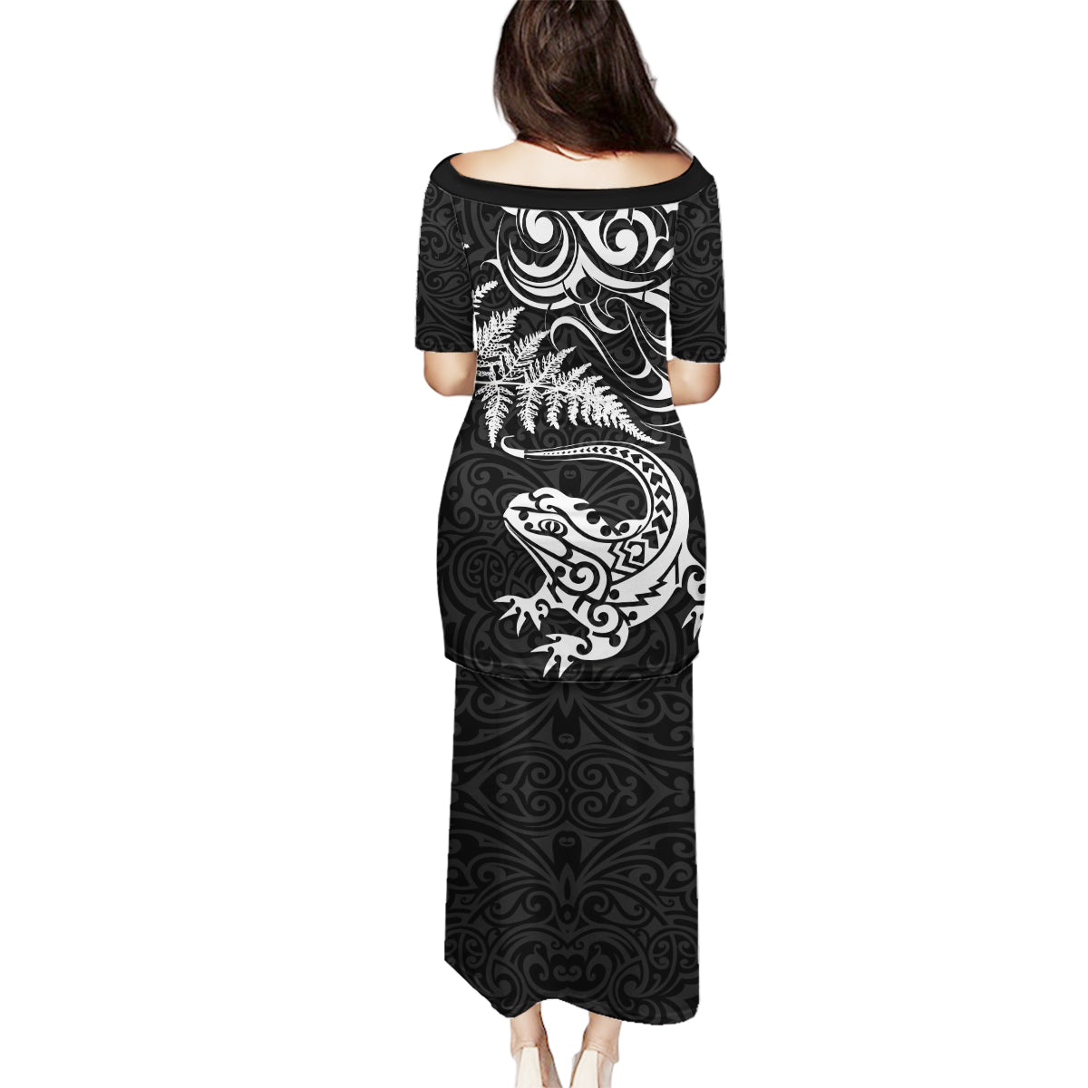 New Zealand Tuatara Tribal Tattoo Family Matching Puletasi and Hawaiian Shirt Silver Fern and Maori Pattern Black Color