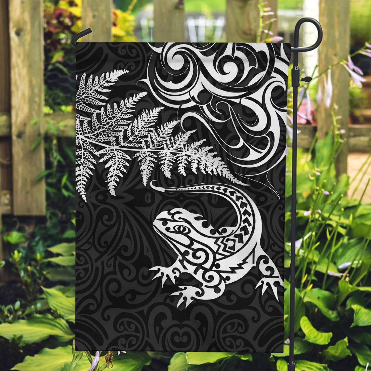 New Zealand Tuatara Tribal Tattoo Garden Flag Silver Fern and Maori Pattern Black Color