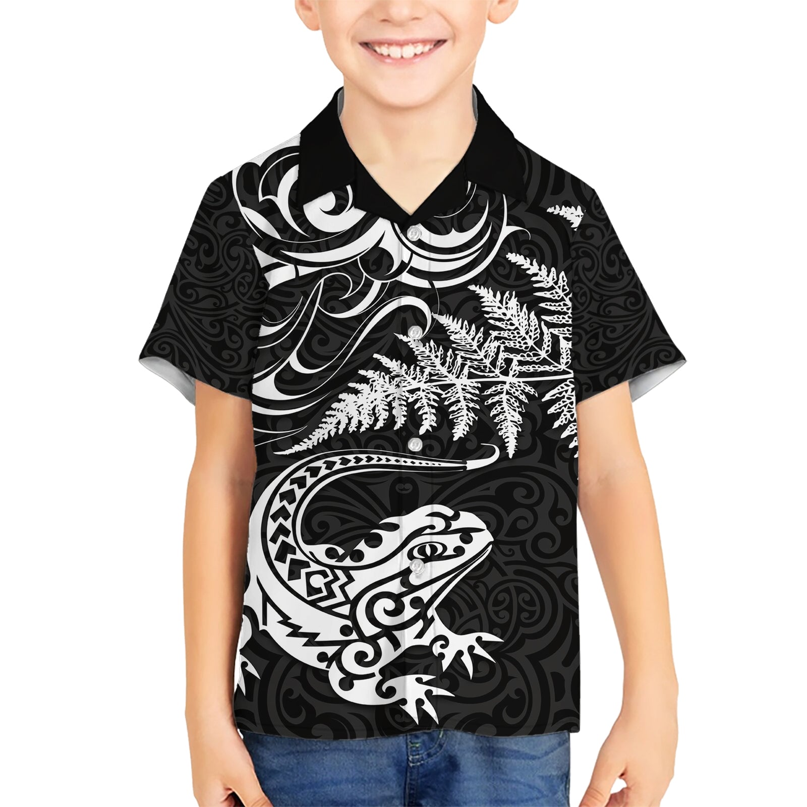 New Zealand Tuatara Tribal Tattoo Kid Hawaiian Shirt Silver Fern and Maori Pattern Black Color LT03 Kid Black - Polynesian Pride