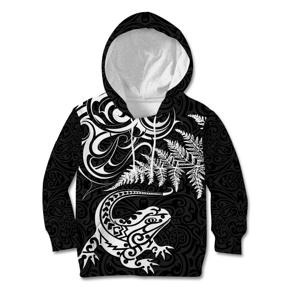 New Zealand Tuatara Tribal Tattoo Kid Hoodie Silver Fern and Maori Pattern Black Color