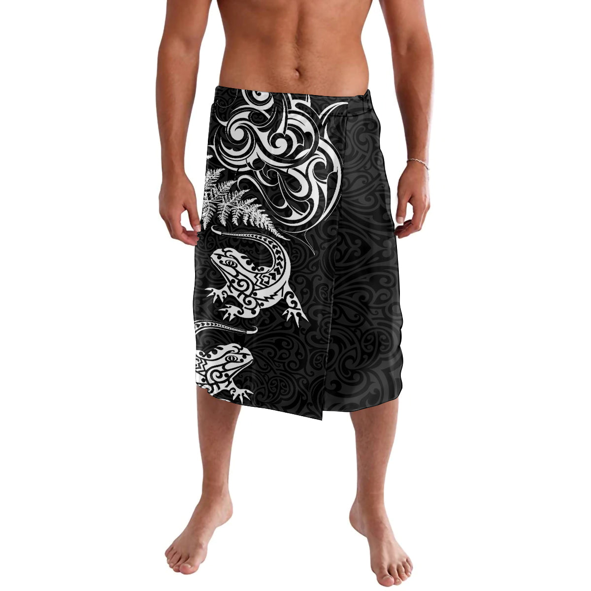 New Zealand Tuatara Tribal Tattoo Lavalava Silver Fern and Maori Pattern Black Color LT03 Black - Polynesian Pride