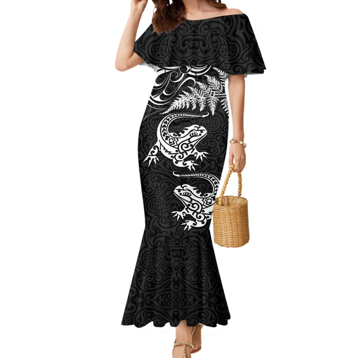 New Zealand Tuatara Tribal Tattoo Mermaid Dress Silver Fern and Maori Pattern Black Color