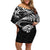 New Zealand Tuatara Tribal Tattoo Off Shoulder Short Dress Silver Fern and Maori Pattern Black Color