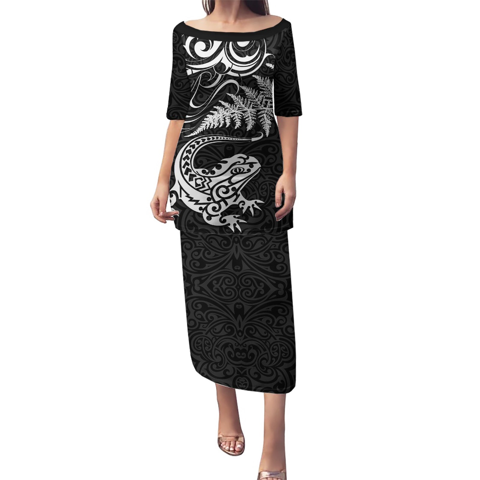 New Zealand Tuatara Tribal Tattoo Puletasi Silver Fern and Maori Pattern Black Color LT03 Long Dress Black - Polynesian Pride