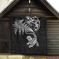 New Zealand Tuatara Tribal Tattoo Quilt Silver Fern and Maori Pattern Black Color