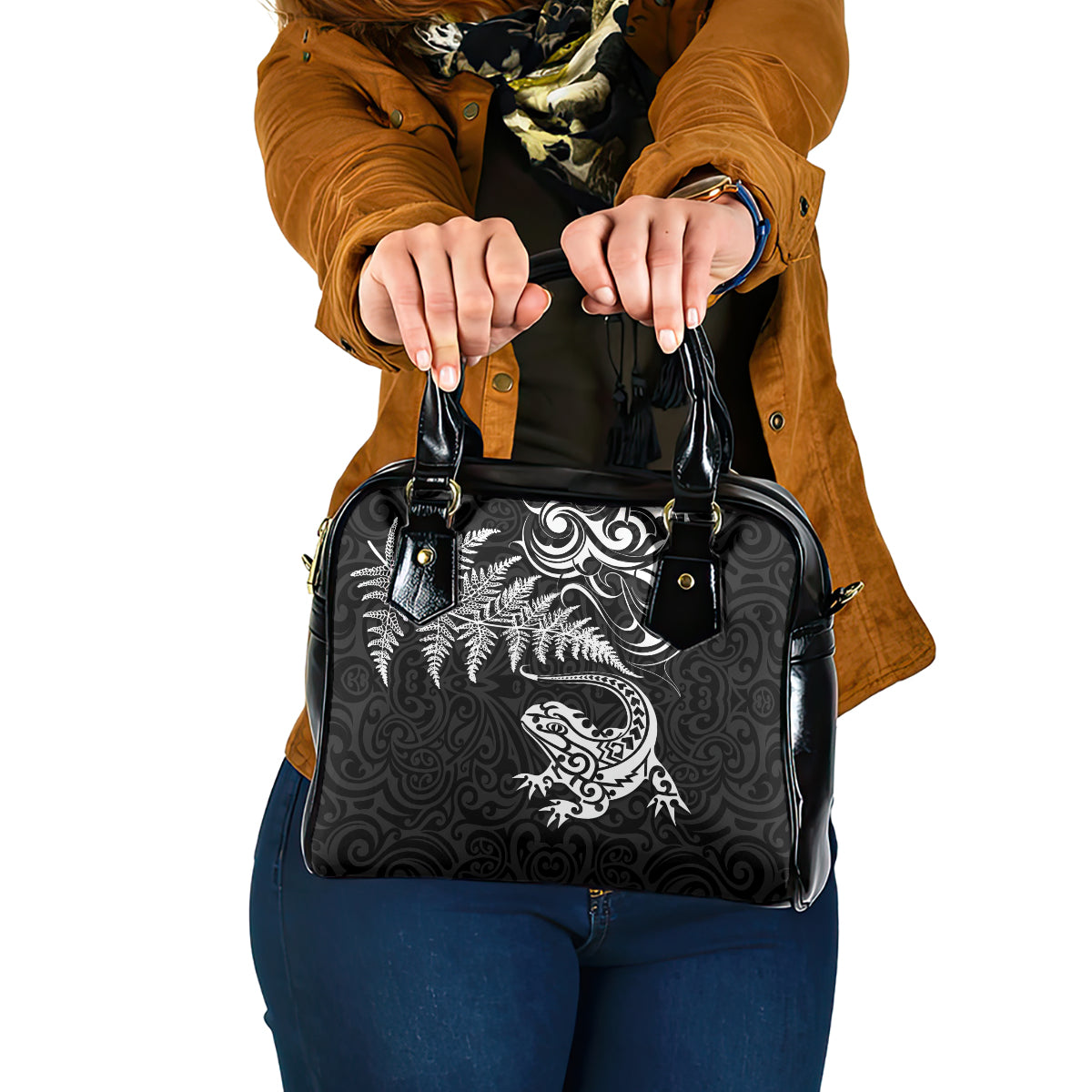 New Zealand Tuatara Tribal Tattoo Shoulder Handbag Silver Fern and Maori Pattern Black Color