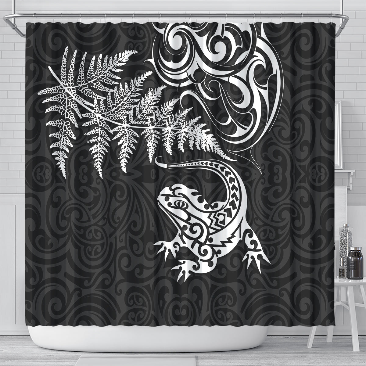New Zealand Tuatara Tribal Tattoo Shower Curtain Silver Fern and Maori Pattern Black Color