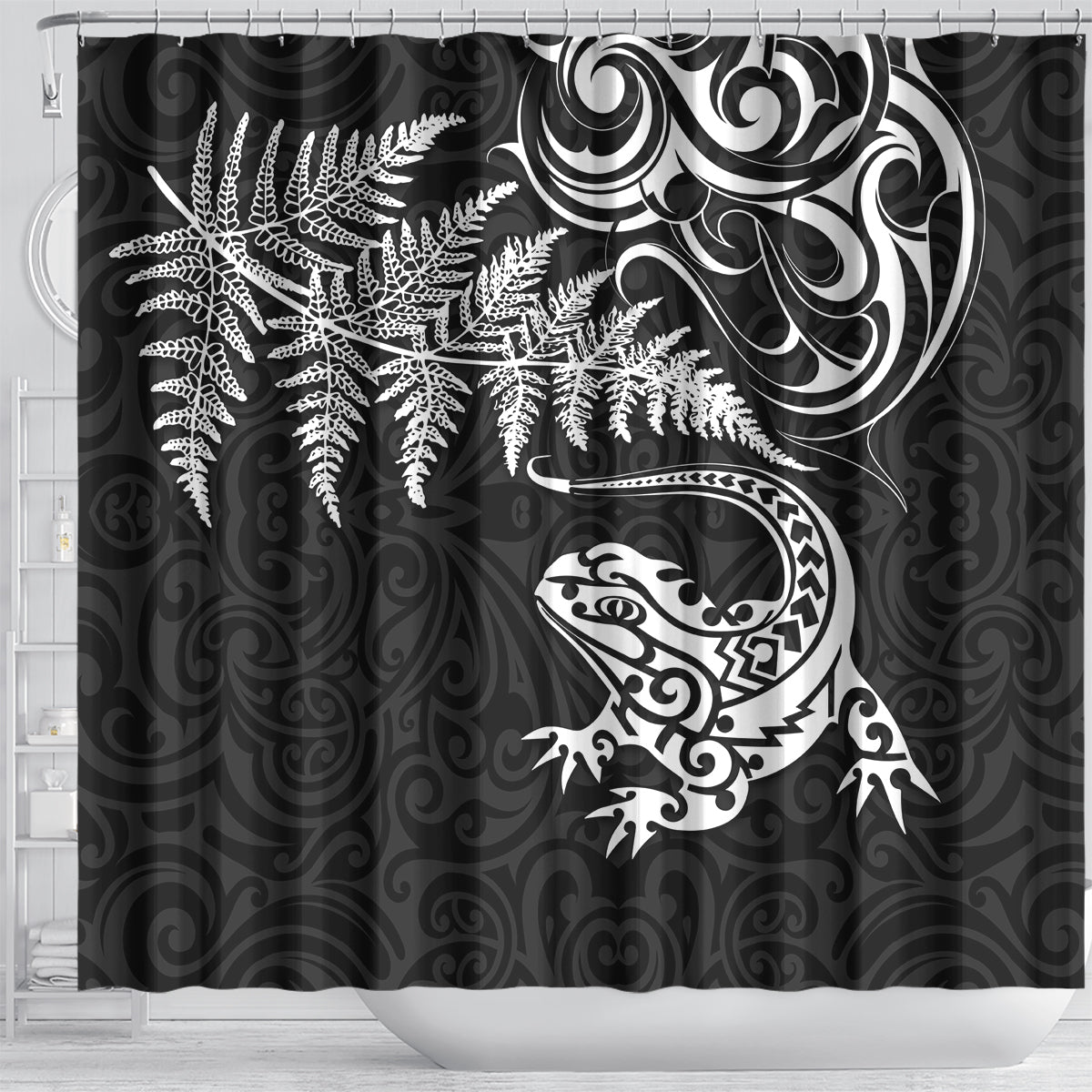 New Zealand Tuatara Tribal Tattoo Shower Curtain Silver Fern and Maori Pattern Black Color