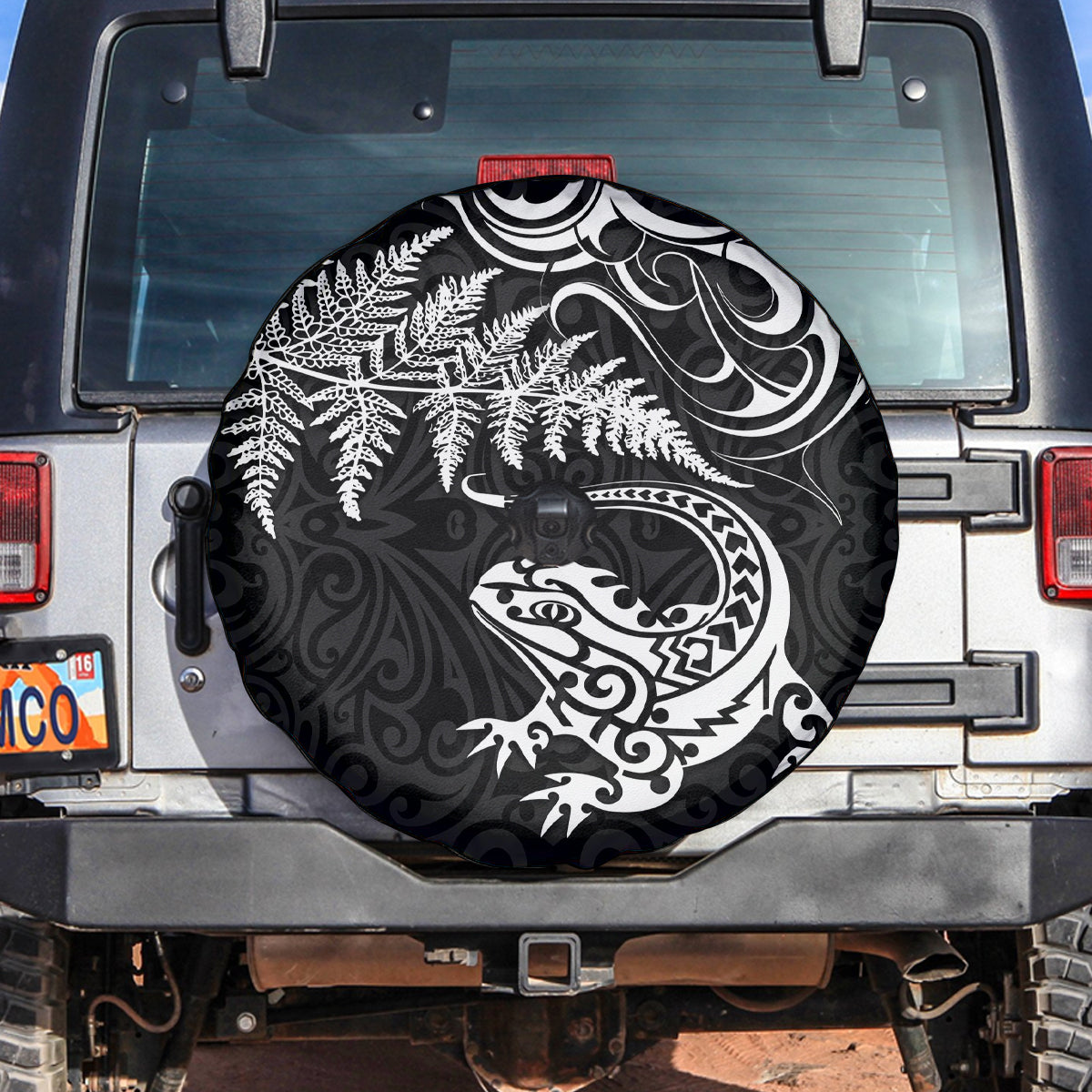 New Zealand Tuatara Tribal Tattoo Spare Tire Cover Silver Fern and Maori Pattern Black Color LT03 Black - Polynesian Pride