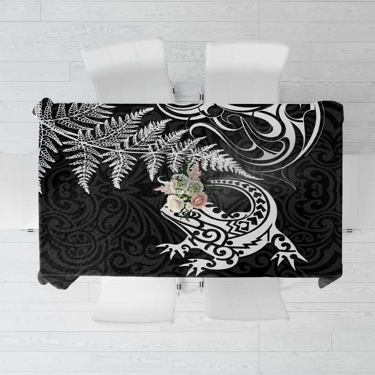 New Zealand Tuatara Tribal Tattoo Tablecloth Silver Fern and Maori Pattern Black Color LT03 Black - Polynesian Pride