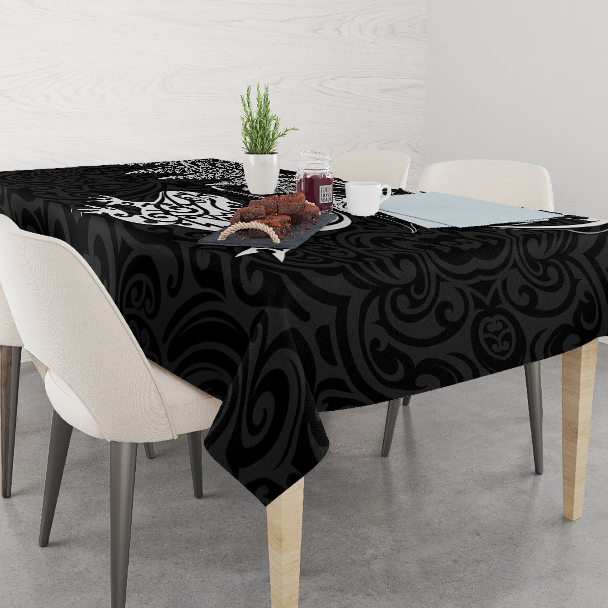 New Zealand Tuatara Tribal Tattoo Tablecloth Silver Fern and Maori Pattern Black Color LT03 - Polynesian Pride