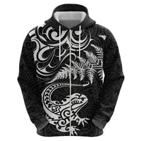 New Zealand Tuatara Tribal Tattoo Zip Hoodie Silver Fern and Maori Pattern Black Color
