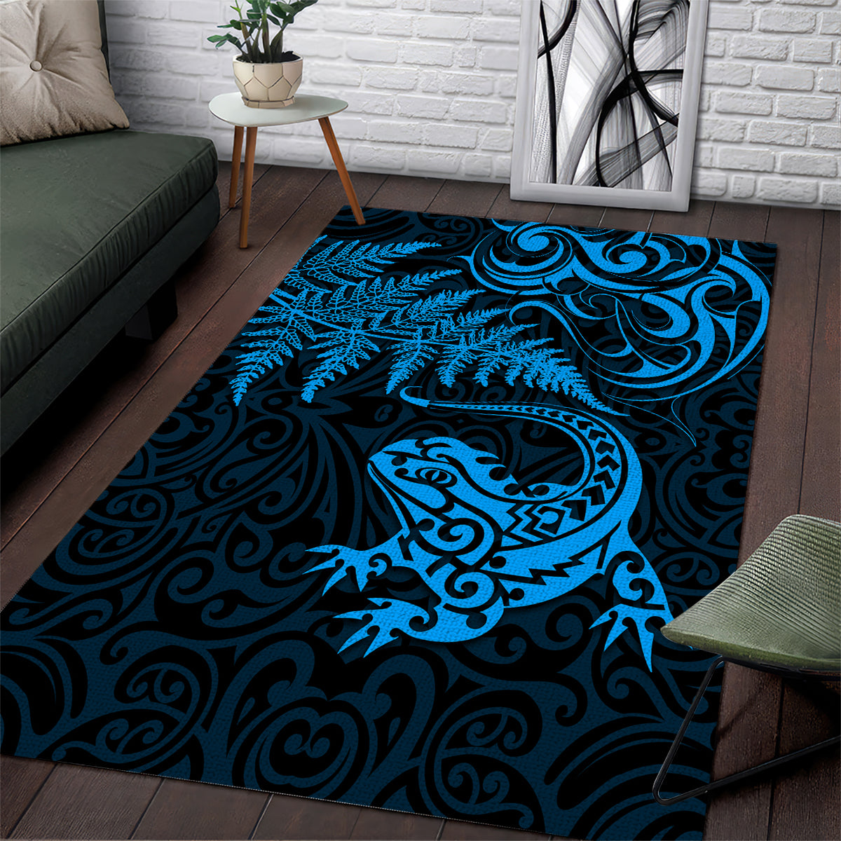 New Zealand Tuatara Tribal Tattoo Area Rug Silver Fern and Maori Pattern Blue Color