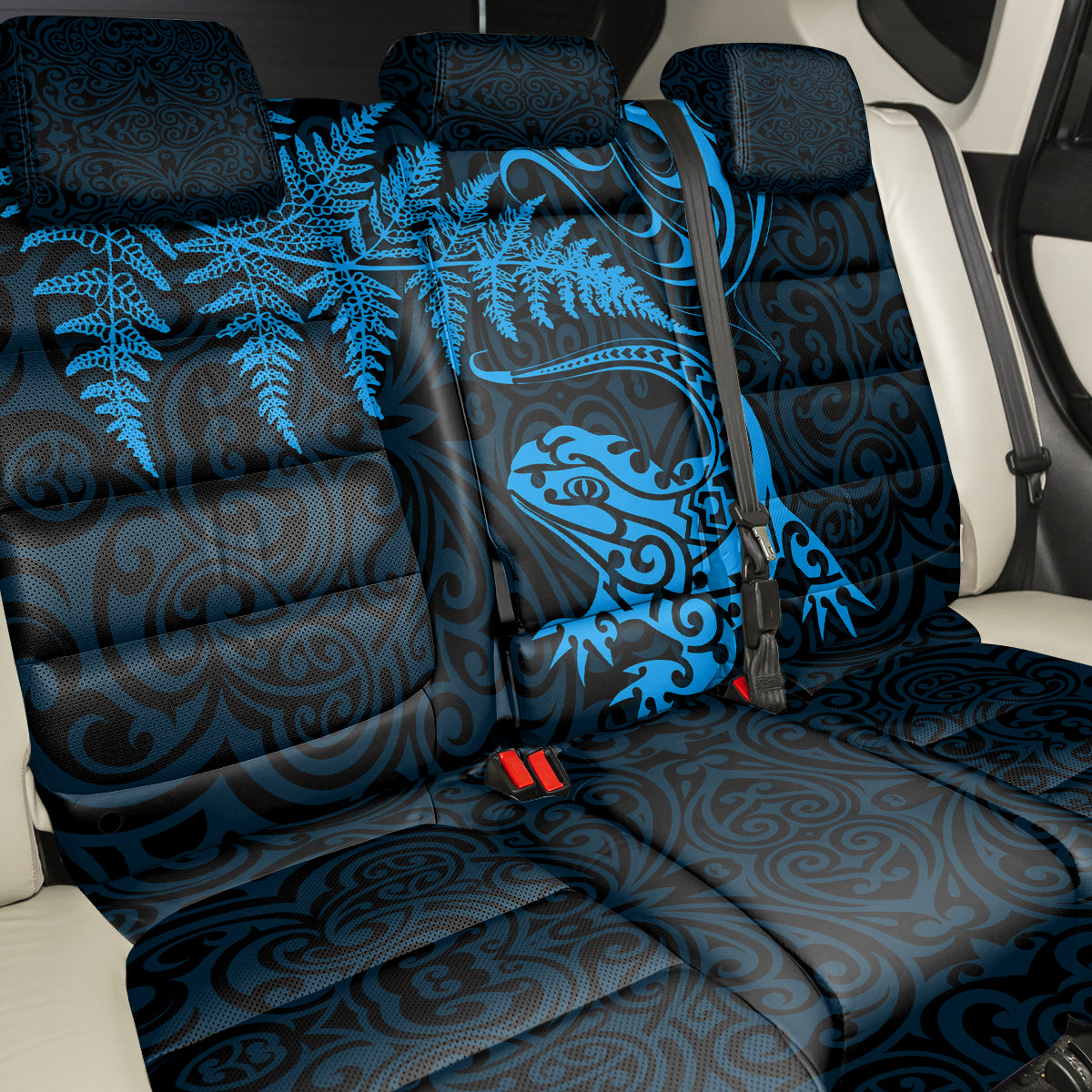 New Zealand Tuatara Tribal Tattoo Back Car Seat Cover Silver Fern and Maori Pattern Blue Color