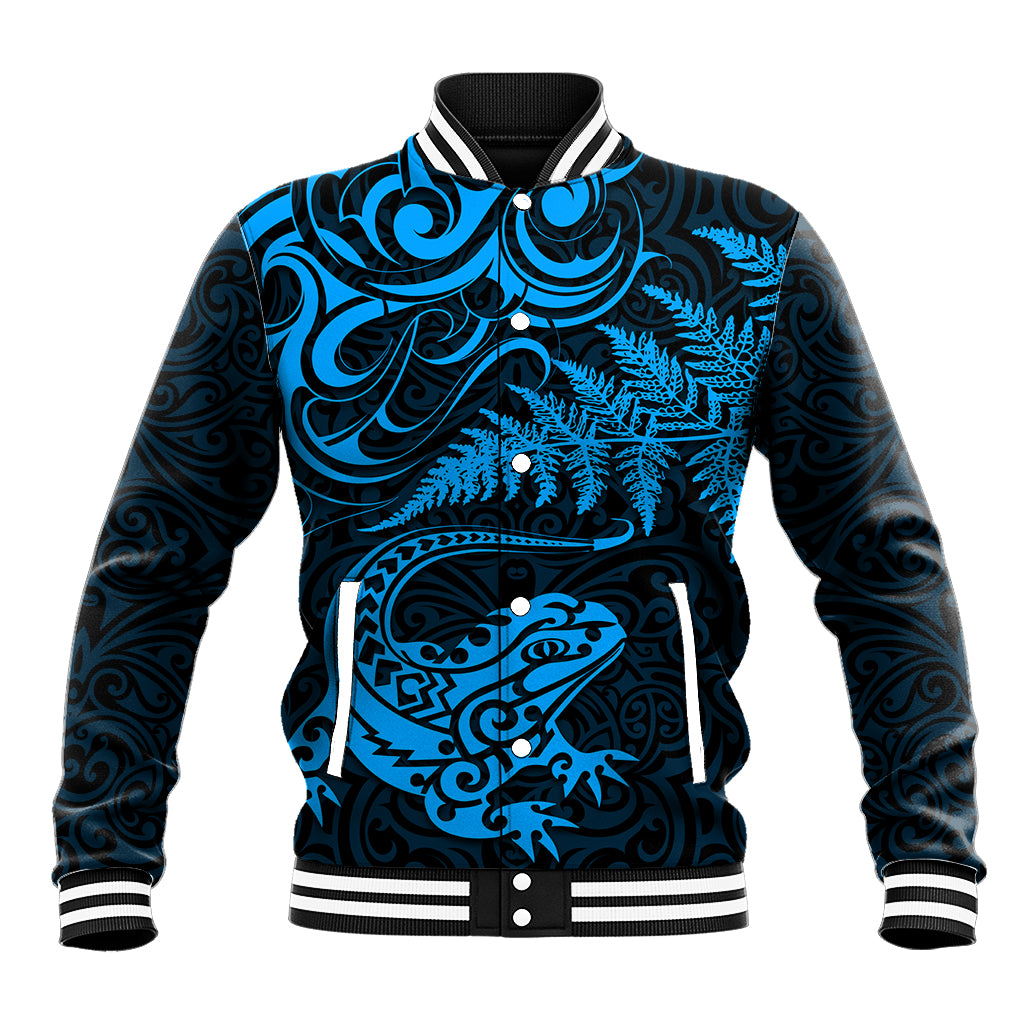 New Zealand Tuatara Tribal Tattoo Baseball Jacket Silver Fern and Maori Pattern Blue Color LT03 Unisex Blue - Polynesian Pride