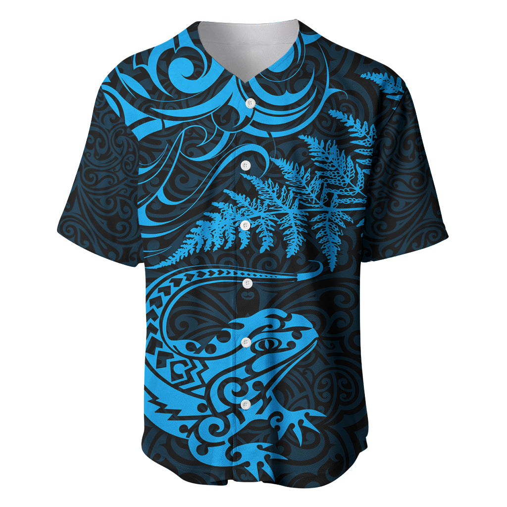 New Zealand Tuatara Tribal Tattoo Baseball Jersey Silver Fern and Maori Pattern Blue Color