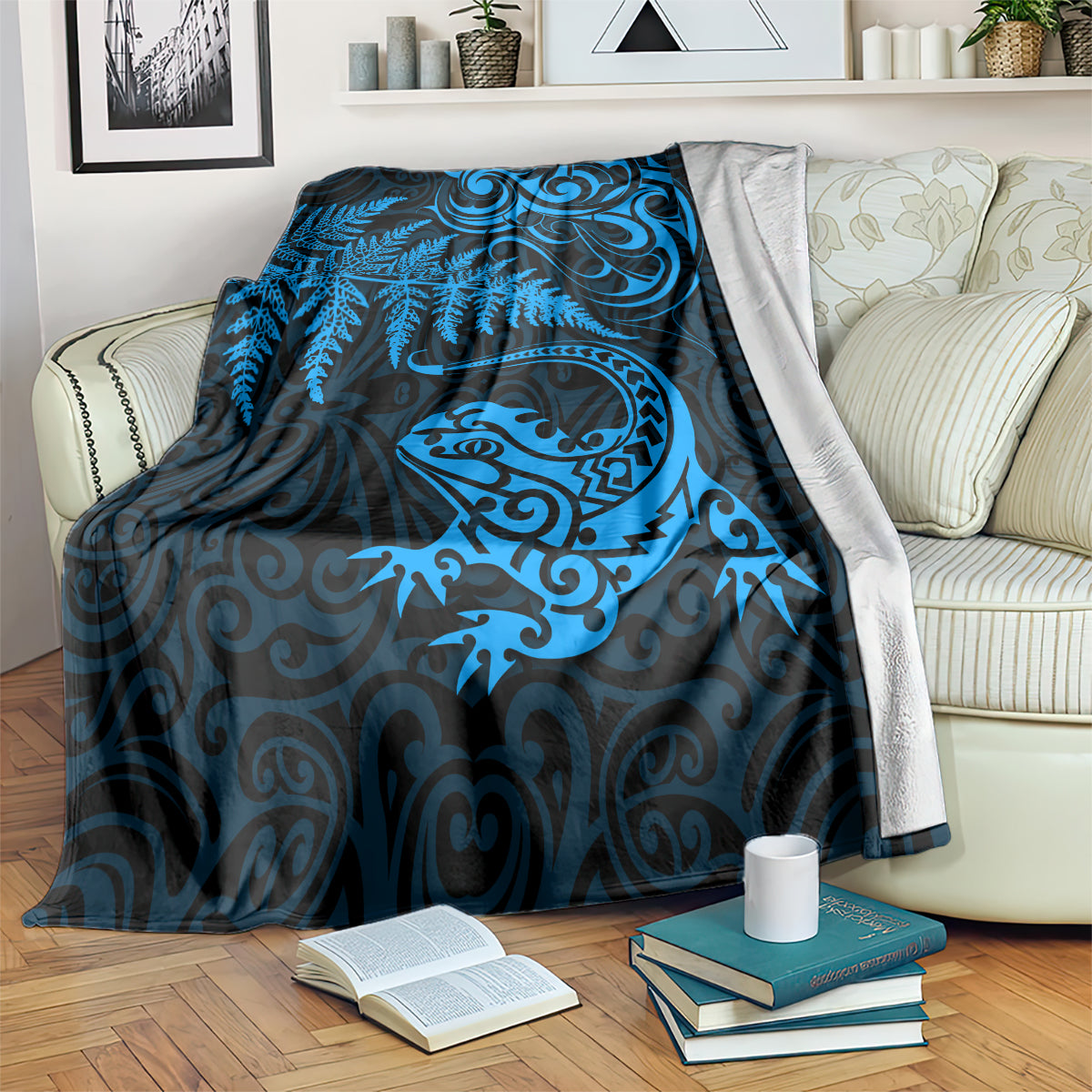 New Zealand Tuatara Tribal Tattoo Blanket Silver Fern and Maori Pattern Blue Color