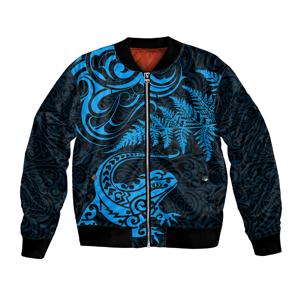 New Zealand Tuatara Tribal Tattoo Bomber Jacket Silver Fern and Maori Pattern Blue Color LT03 Unisex Blue - Polynesian Pride