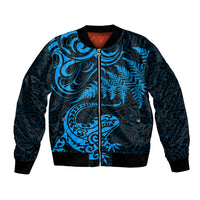 New Zealand Tuatara Tribal Tattoo Bomber Jacket Silver Fern and Maori Pattern Blue Color LT03 Unisex Blue - Polynesian Pride