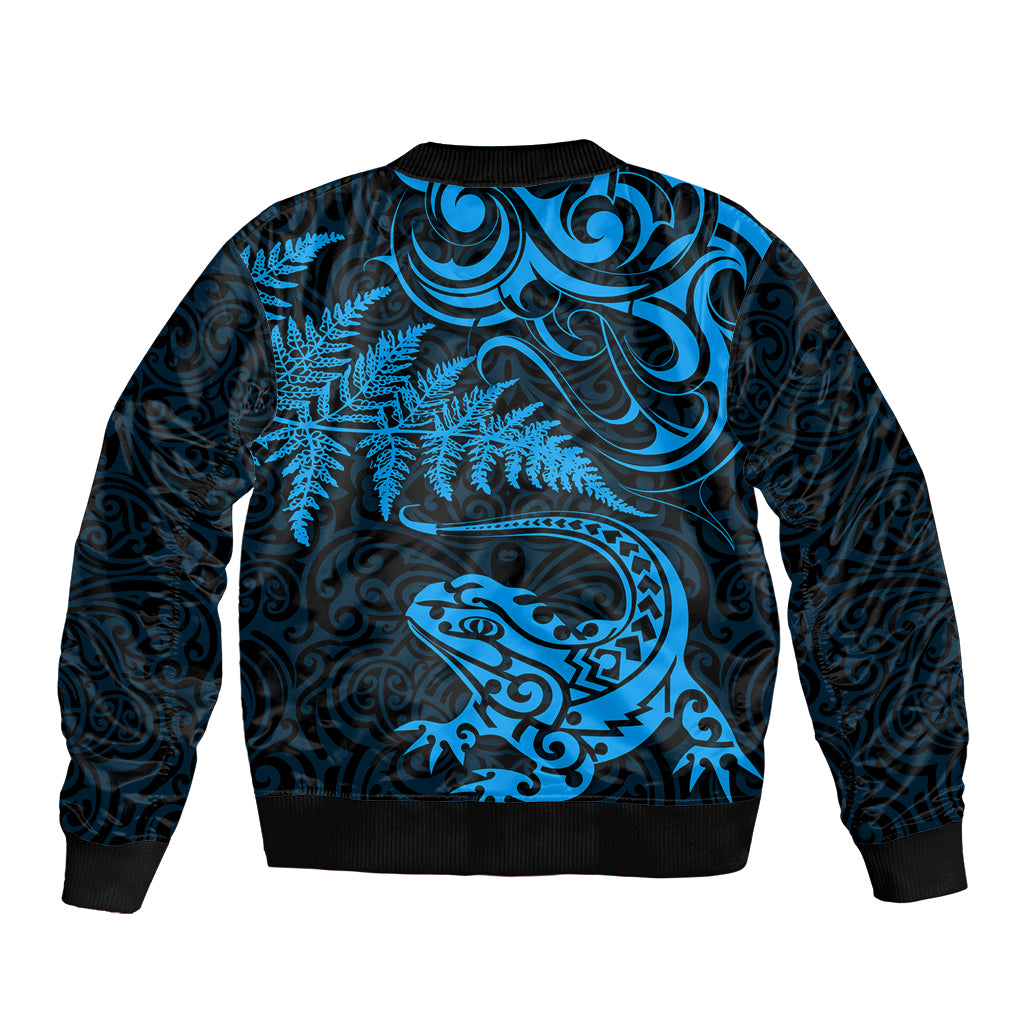 New Zealand Tuatara Tribal Tattoo Bomber Jacket Silver Fern and Maori Pattern Blue Color LT03 - Polynesian Pride