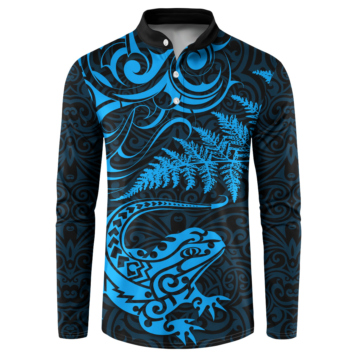 New Zealand Tuatara Tribal Tattoo Button Sweatshirt Silver Fern and Maori Pattern Blue Color LT03 Blue - Polynesian Pride