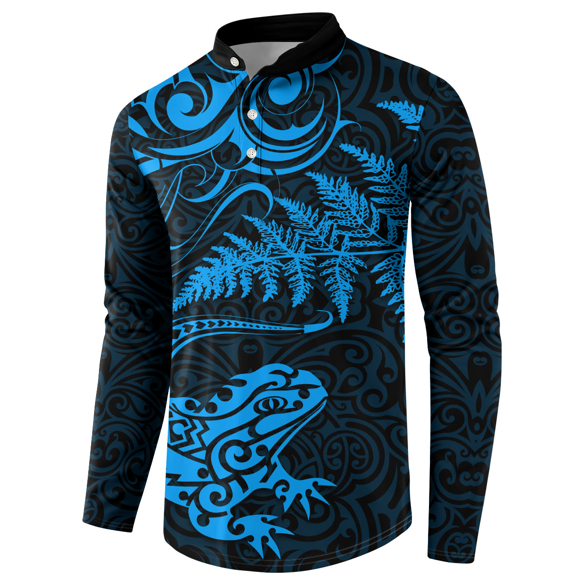 New Zealand Tuatara Tribal Tattoo Button Sweatshirt Silver Fern and Maori Pattern Blue Color LT03 - Polynesian Pride