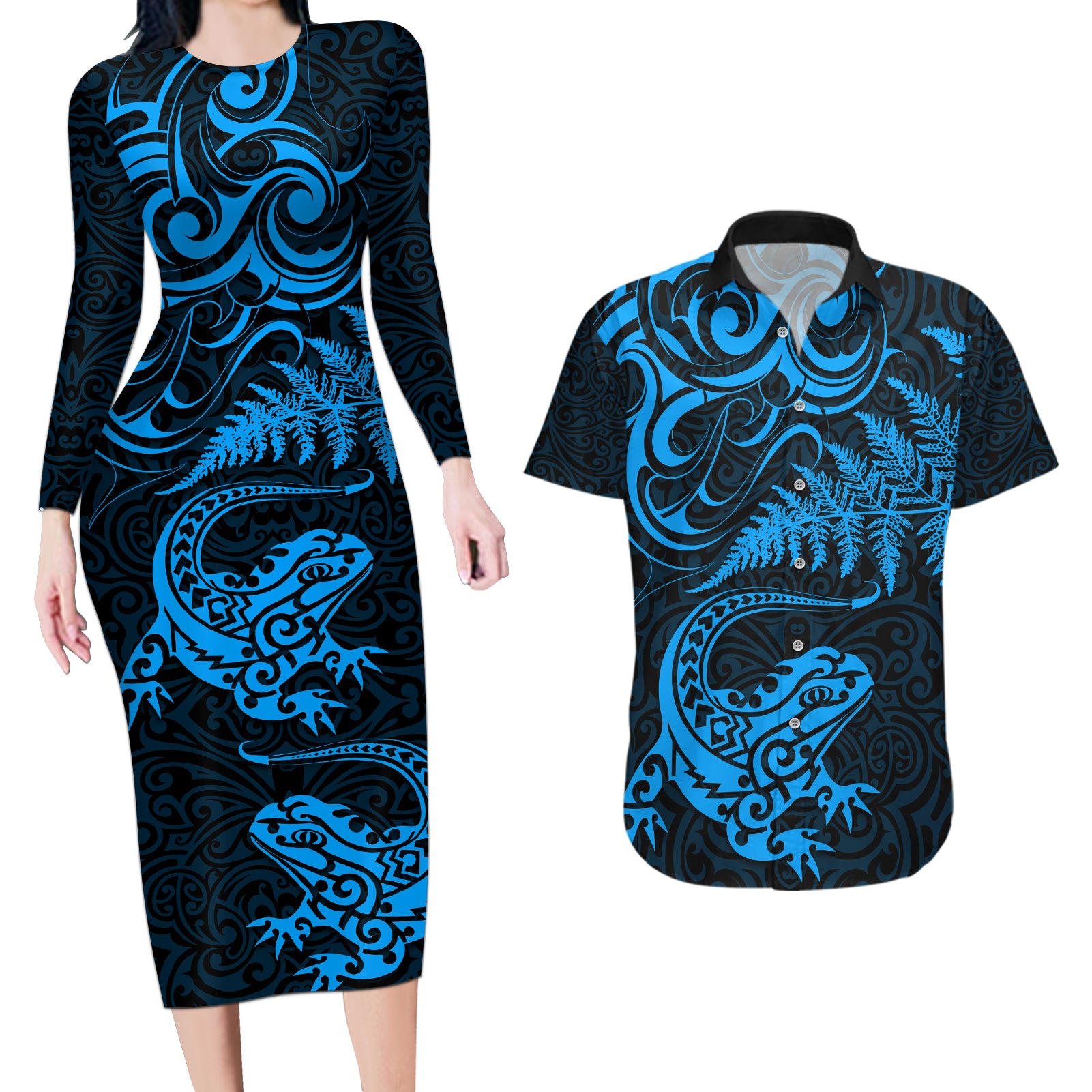 New Zealand Tuatara Tribal Tattoo Couples Matching Long Sleeve Bodycon Dress and Hawaiian Shirt Silver Fern and Maori Pattern Blue Color