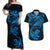 New Zealand Tuatara Tribal Tattoo Couples Matching Off Shoulder Maxi Dress and Hawaiian Shirt Silver Fern and Maori Pattern Blue Color