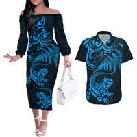 New Zealand Tuatara Tribal Tattoo Couples Matching Off The Shoulder Long Sleeve Dress and Hawaiian Shirt Silver Fern and Maori Pattern Blue Color