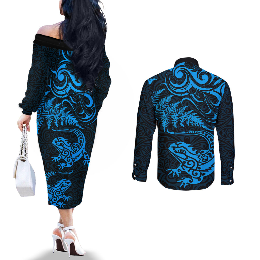 New Zealand Tuatara Tribal Tattoo Couples Matching Off The Shoulder Long Sleeve Dress and Long Sleeve Button Shirt Silver Fern and Maori Pattern Blue Color