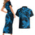 New Zealand Tuatara Tribal Tattoo Couples Matching Short Sleeve Bodycon Dress and Hawaiian Shirt Silver Fern and Maori Pattern Blue Color