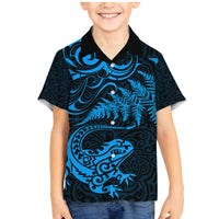 New Zealand Tuatara Tribal Tattoo Family Matching Mermaid Dress and Hawaiian Shirt Silver Fern and Maori Pattern Blue Color