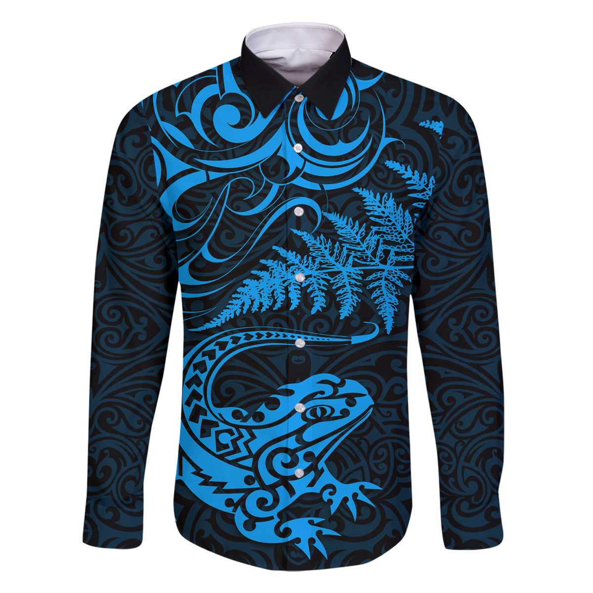 New Zealand Tuatara Tribal Tattoo Family Matching Off Shoulder Short Dress and Hawaiian Shirt Silver Fern and Maori Pattern Blue Color