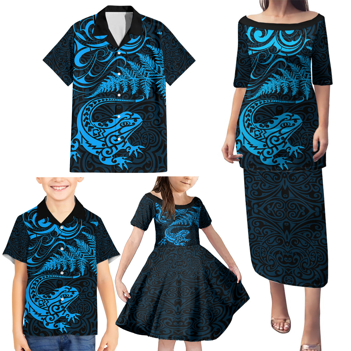 New Zealand Tuatara Tribal Tattoo Family Matching Puletasi and Hawaiian Shirt Silver Fern and Maori Pattern Blue Color