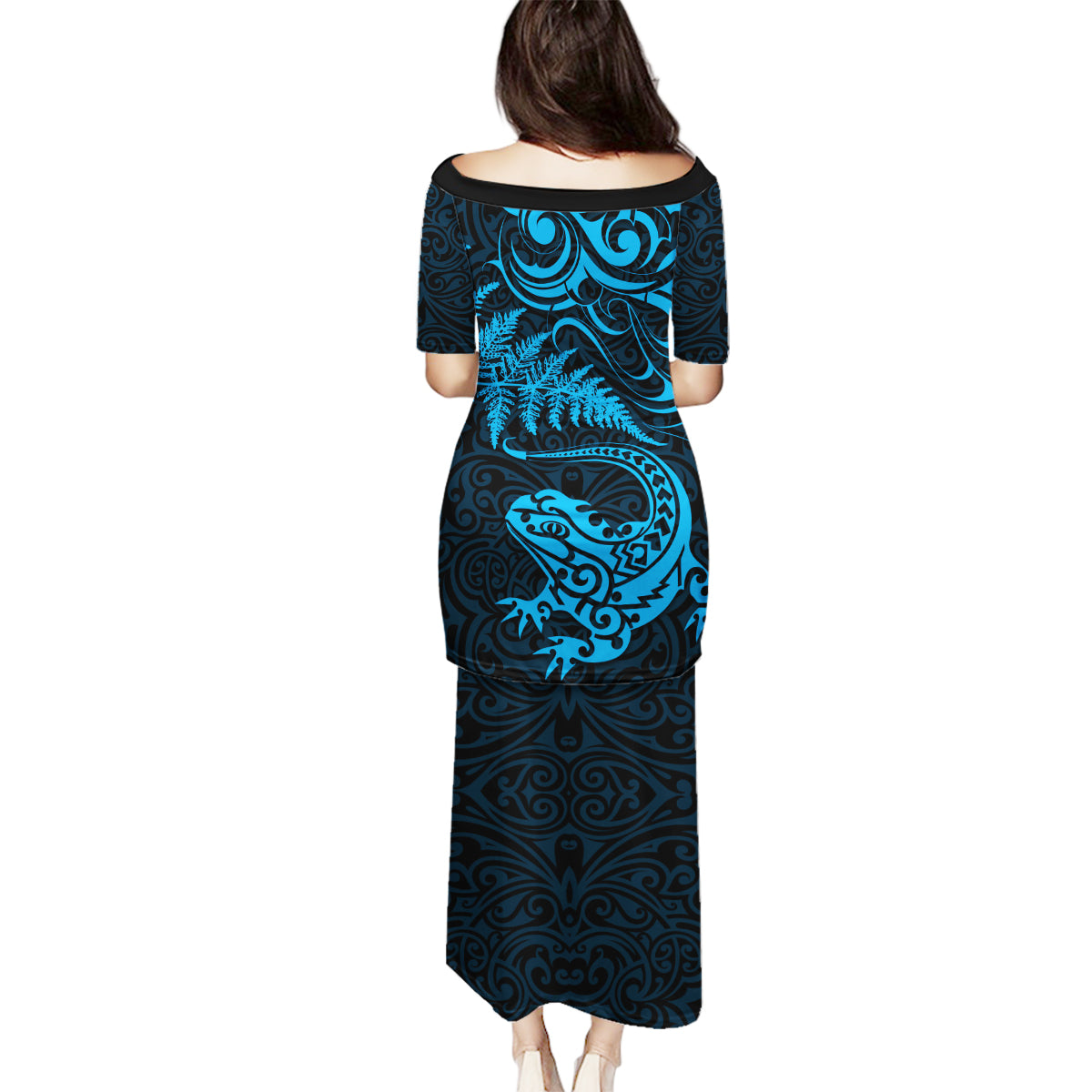 New Zealand Tuatara Tribal Tattoo Family Matching Puletasi and Hawaiian Shirt Silver Fern and Maori Pattern Blue Color