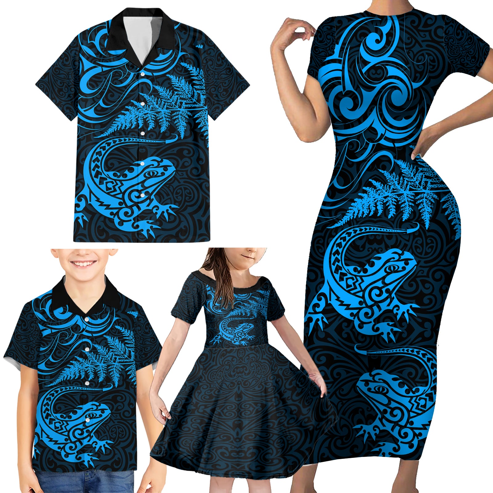 New Zealand Tuatara Tribal Tattoo Family Matching Short Sleeve Bodycon Dress and Hawaiian Shirt Silver Fern and Maori Pattern Blue Color