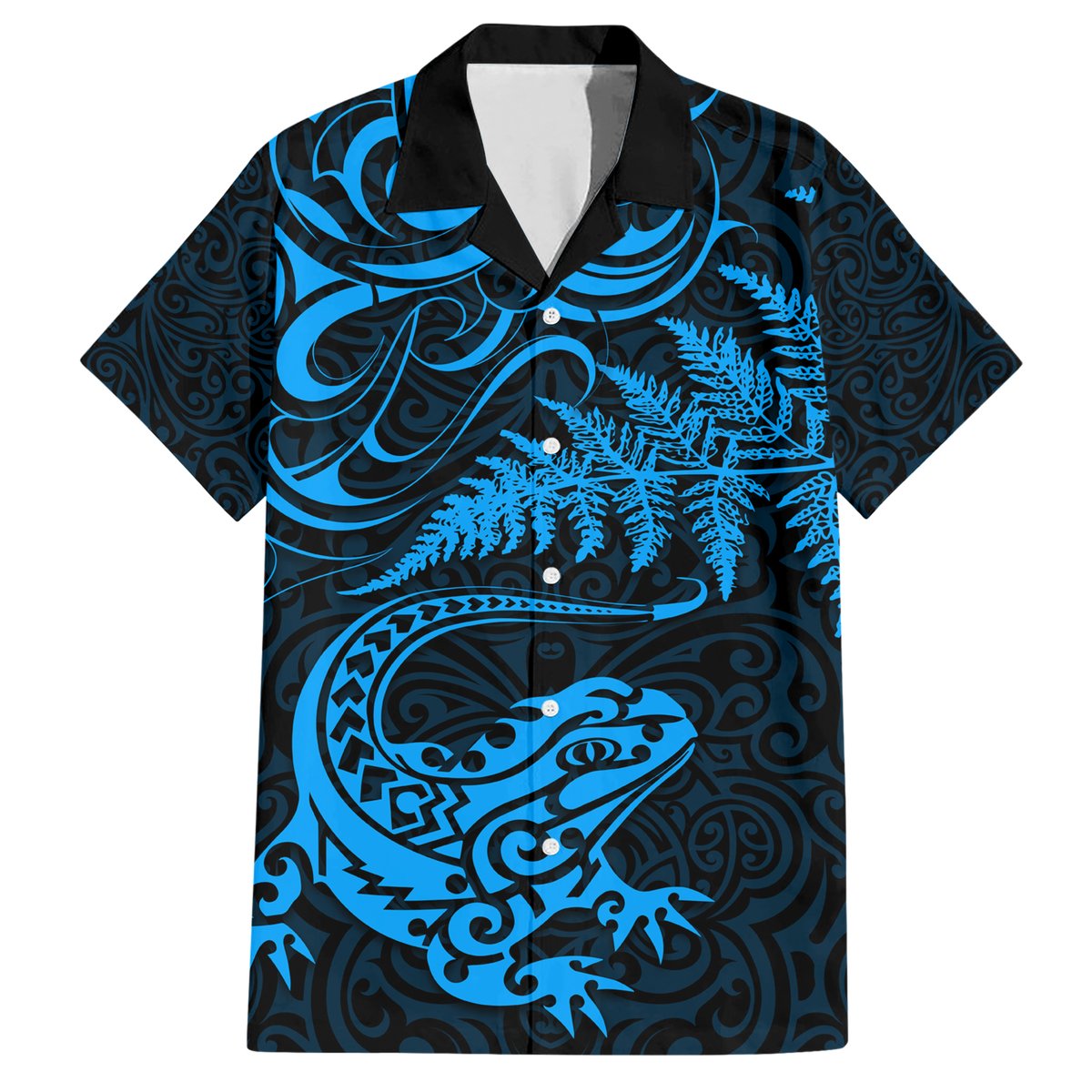 New Zealand Tuatara Tribal Tattoo Hawaiian Shirt Silver Fern and Maori Pattern Blue Color LT03 Blue - Polynesian Pride