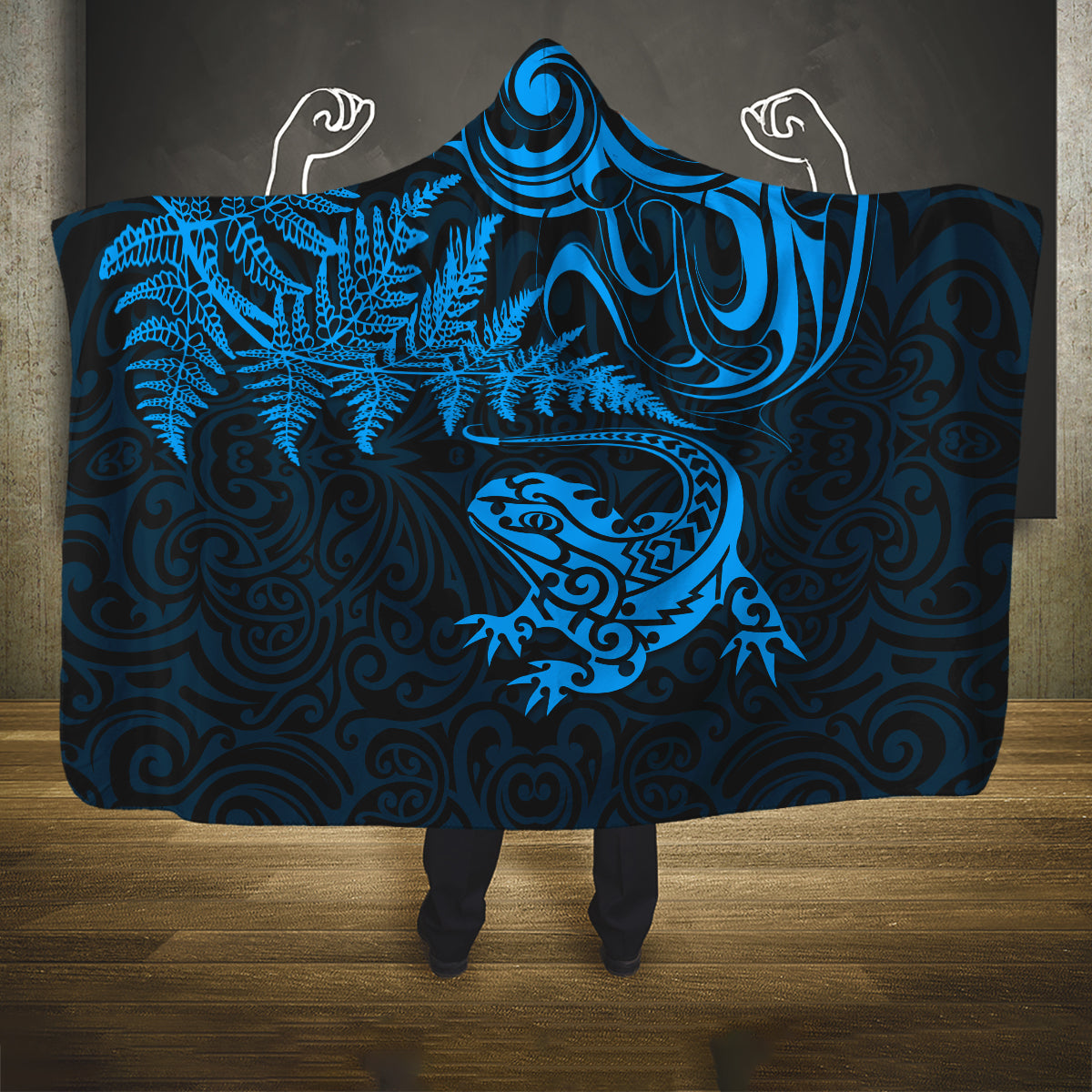 New Zealand Tuatara Tribal Tattoo Hooded Blanket Silver Fern and Maori Pattern Blue Color LT03 One Size Blue - Polynesian Pride