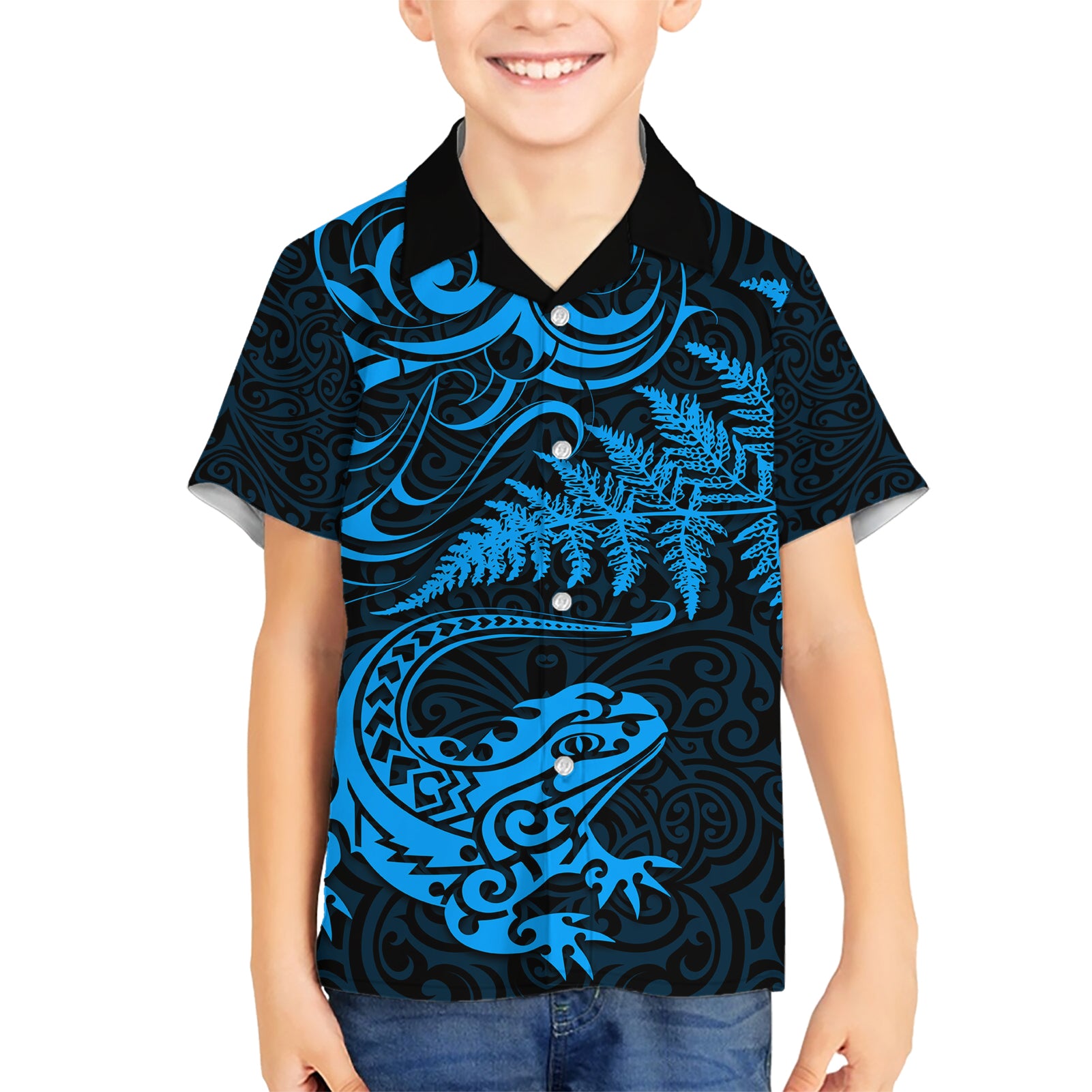 New Zealand Tuatara Tribal Tattoo Kid Hawaiian Shirt Silver Fern and Maori Pattern Blue Color