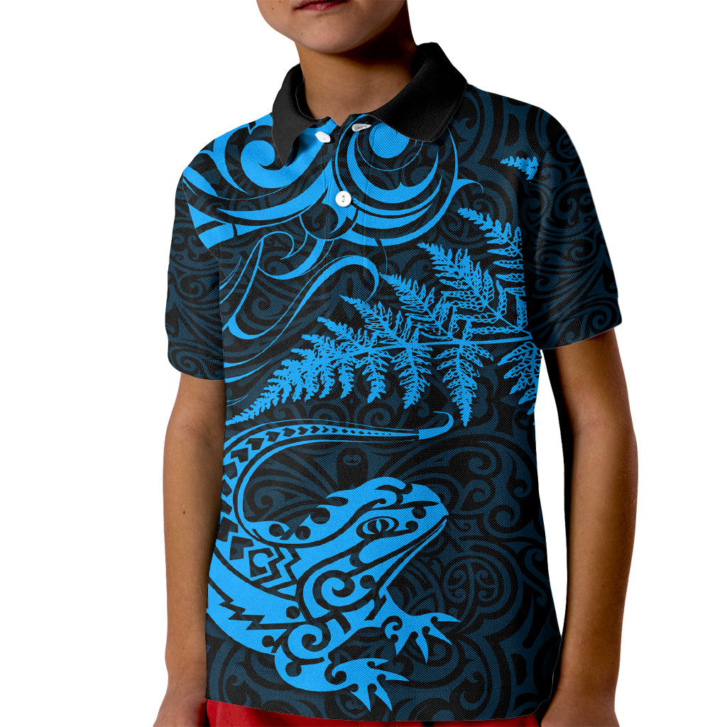 New Zealand Tuatara Tribal Tattoo Kid Polo Shirt Silver Fern and Maori Pattern Blue Color