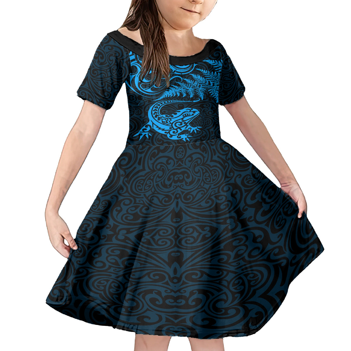 New Zealand Tuatara Tribal Tattoo Kid Short Sleeve Dress Silver Fern and Maori Pattern Blue Color