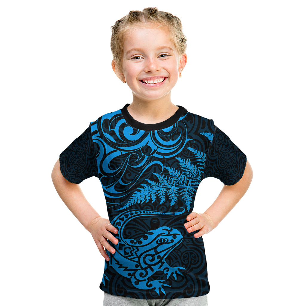 New Zealand Tuatara Tribal Tattoo Kid T Shirt Silver Fern and Maori Pattern Blue Color