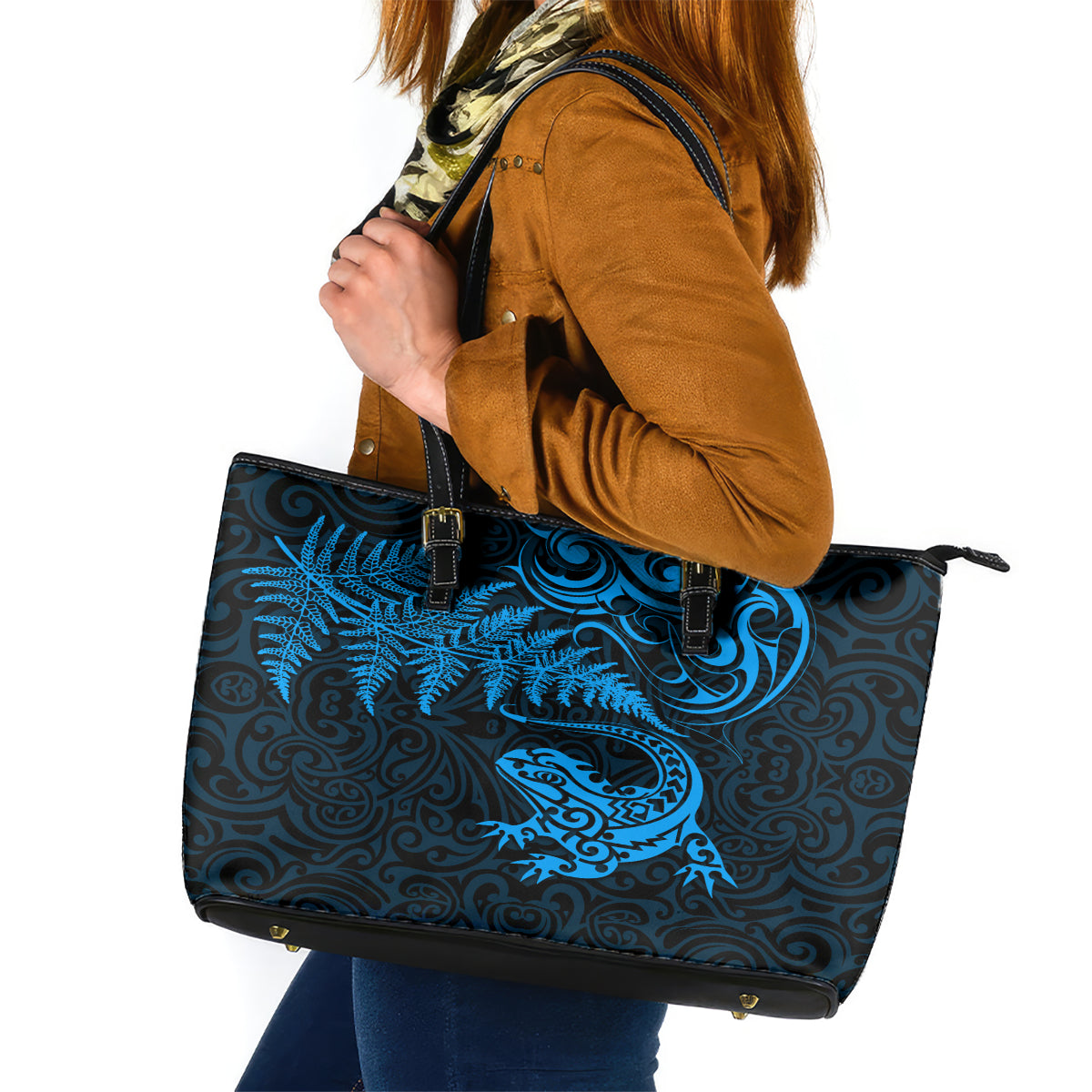 New Zealand Tuatara Tribal Tattoo Leather Tote Bag Silver Fern and Maori Pattern Blue Color LT03 Blue - Polynesian Pride