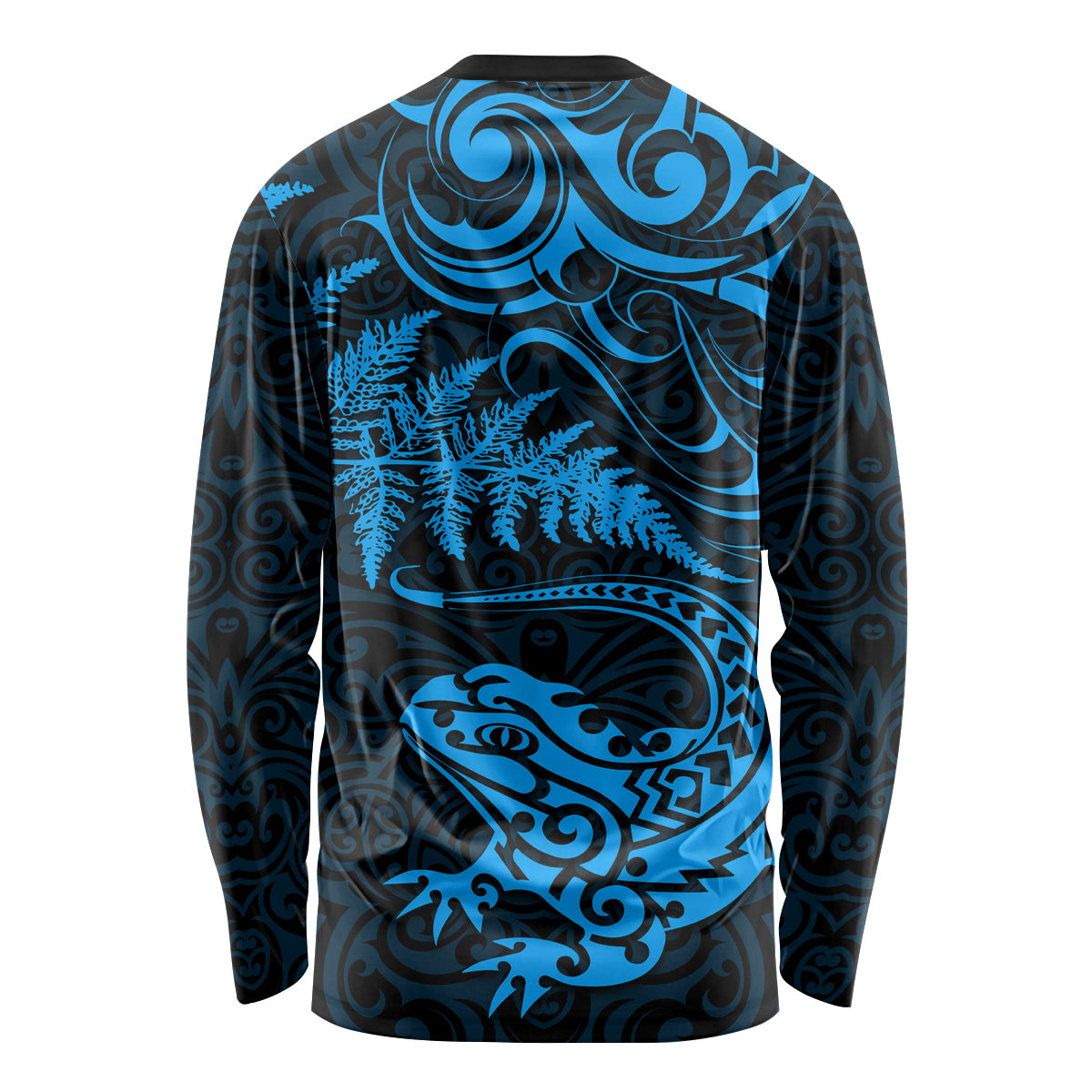 New Zealand Tuatara Tribal Tattoo Long Sleeve Shirt Silver Fern and Maori Pattern Blue Color
