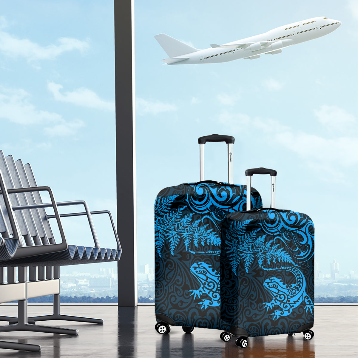 New Zealand Tuatara Tribal Tattoo Luggage Cover Silver Fern and Maori Pattern Blue Color